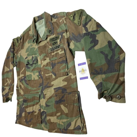 Vintage US ARMY Combat BDU Woodland Camo Field Jacket Shirt Ironside Patches - Picture 7 of 16